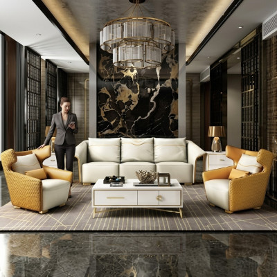 Muebles de lujo, conjunto de sofás, sofá, tapizado, 3+1+1 sofás, diseñador amarillo.