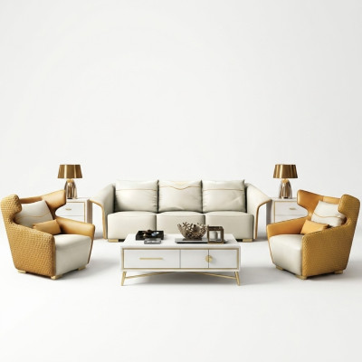 Muebles de lujo, conjunto de sofás, sofá, tapizado, 3+1+1 sofás, diseñador amarillo.