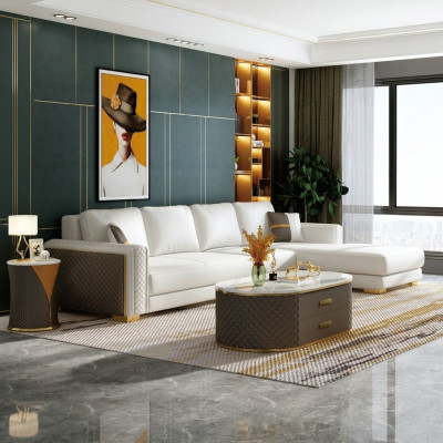 Muebles de estilo italiano 3 piezas Set Sofá esquinero + Mesas de café Sofá Mesas de cuero