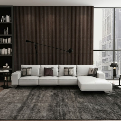 Moderna sala de estar con sofá esquinero, sofá tapizado, asiento de cuero, esquina de decoración.