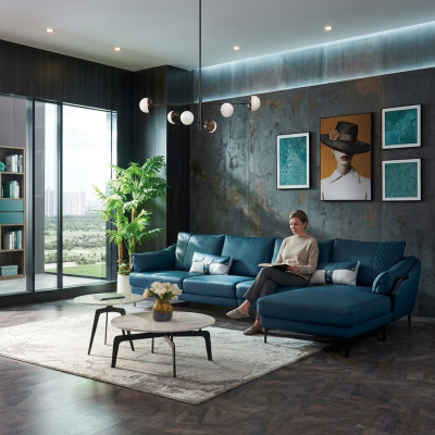 Sofá esquinero de cuero tapizado italiano, sofá moderno de salón.