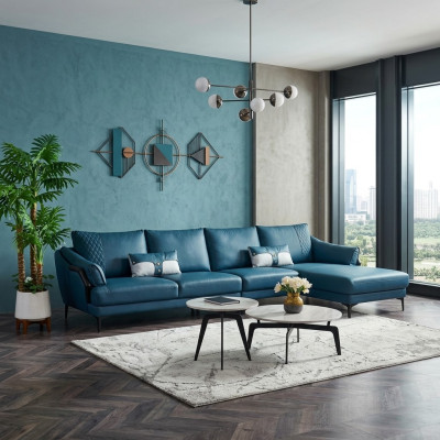 Sofá de esquina conjunto en forma de L azul de estilo moderno con sillón.