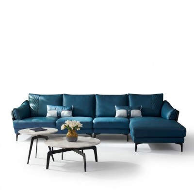 Sofá de esquina conjunto en forma de L azul de estilo moderno con sillón.