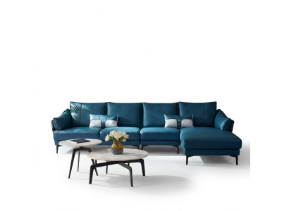 Sofá de esquina conjunto en forma de L azul de estilo moderno con sillón.