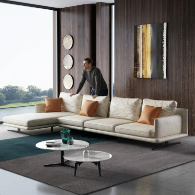 Conjunto de sofás en forma de L de salón con sillón decorativo, moderno y de cuero.