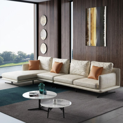 Conjunto de sofás en forma de L de salón con sillón decorativo, moderno y de cuero.