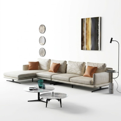 Conjunto de sofás en forma de L de salón con sillón decorativo, moderno y de cuero.