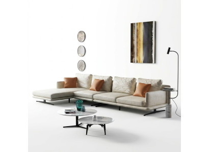 Conjunto de sofás en forma de L de salón con sillón decorativo, moderno y de cuero.