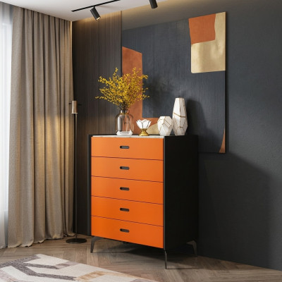 Muebles de estilo italiano, cómoda alta, armario, armarios de diseñador color naranja.