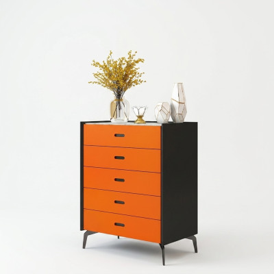 Muebles de estilo italiano, cómoda alta, armario, armarios de diseñador color naranja.