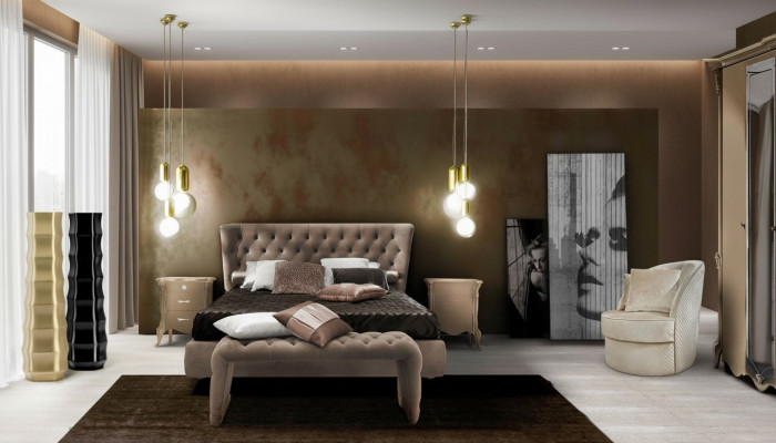 Juego de dormitorio de lujo de 4 piezas. Cama + 2 mesitas de noche + taburete. Camas de diseño moderno de madera maciza.