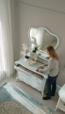 Toilette con espejo Armario Cómodas Conjunto de dormitorio de madera Estilo moderno Tocador