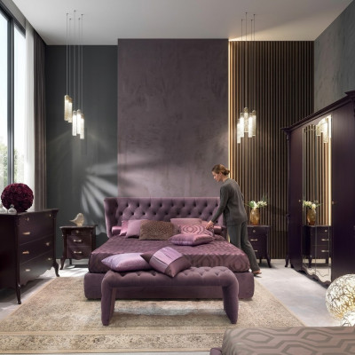 Dormitorio Juego de muebles italiano de lujo Chesterfield de 6 piezas en madera maciza