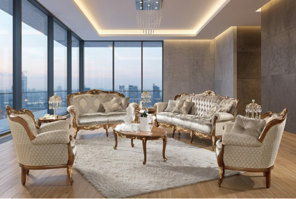 Estilo rococó sofá italiano conjunto clásico de muebles de salón de madera maciza.