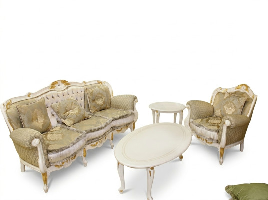 Clásico conjunto de sala de estar de 4 piezas. Juego de sofás 31 + mesa de centro auxiliar de madera maciza.