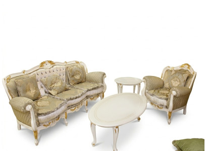 Clásico conjunto de sala de estar de 4 piezas. Juego de sofás 31 + mesa de centro auxiliar de madera maciza.