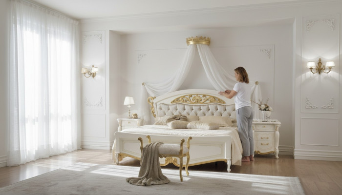 Muebles de dormitorio italianos. Cama de diseño de lujo. Camas dobles de oro.