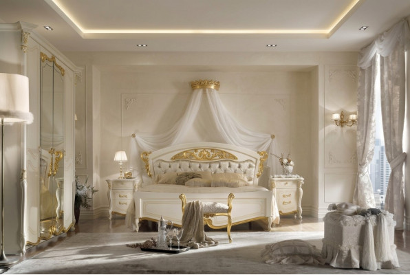 Muebles de dormitorio italianos. Cama de diseño de lujo. Camas dobles de oro.