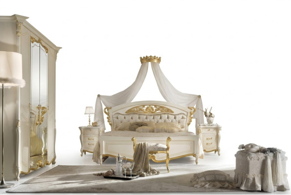 Muebles de dormitorio italianos. Cama de diseño de lujo. Camas dobles de oro.