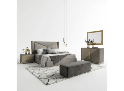 Diseño de conjunto de dormitorio de lujo con cama, 2 mesitas de noche, cómoda y decoraciones.