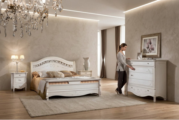 Juego de dormitorio de lujo de 4 piezas. Cama + 2 mesitas de noche + cómoda. Camas de diseño moderno de madera maciza.