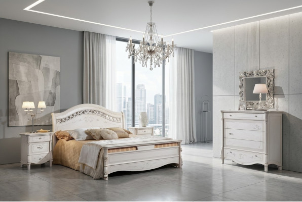 Juego de dormitorio de lujo de 4 piezas. Cama + 2 mesitas de noche + cómoda. Camas de diseño moderno de madera maciza.