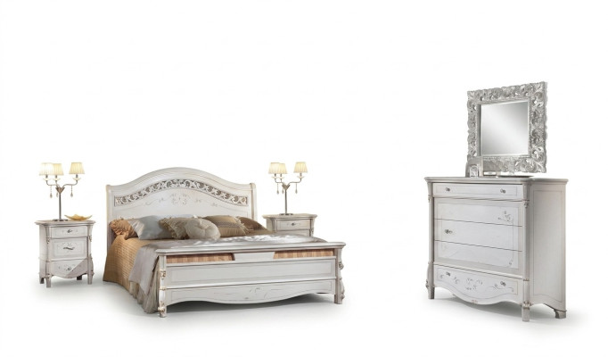 Juego de dormitorio de lujo de 4 piezas. Cama + 2 mesitas de noche + cómoda. Camas de diseño moderno de madera maciza.