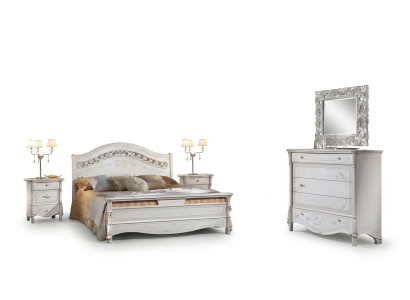 Juego de dormitorio de lujo de 4 piezas. Cama + 2 mesitas de noche + cómoda. Camas de diseño moderno de madera maciza.