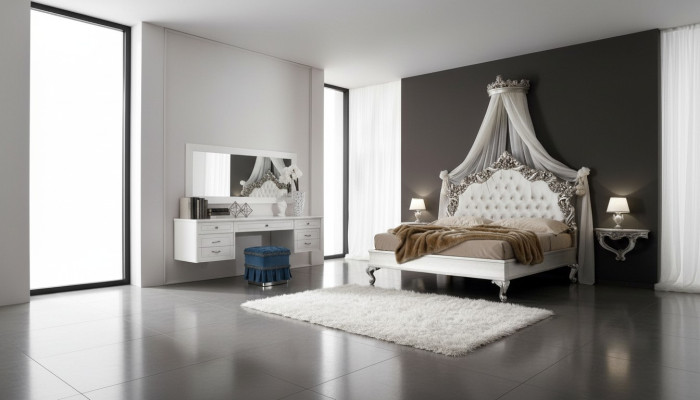 Conjunto completo de dormitorio Cama barroca real Tocador Mesita de noche 6 piezas.