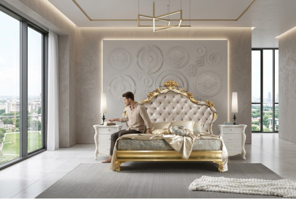 Dormitorio de lujo de 4 piezas. Cama + 2 mesitas de noche + chaise longue diseño sofá