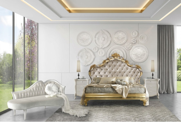Dormitorio de lujo de 4 piezas. Cama + 2 mesitas de noche + chaise longue diseño sofá