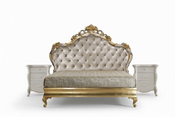 Hermosa cama de estilo clásico con cabecero tallado.