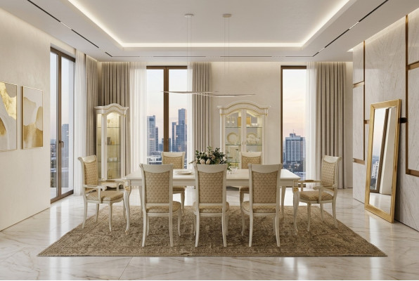 Muebles de estilo clásico italiano Mesa de comedor Set de 6 sillas Grupo de juego