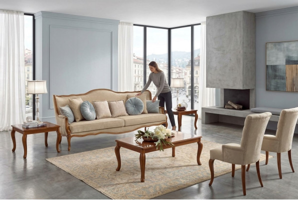 Juego de sofá de 6 piezas. Muebles clásicos: sofá, sillón, mesa auxiliar, mesa de café de madera.