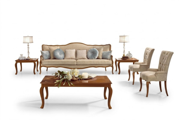 Juego de sofá de 6 piezas. Muebles clásicos: sofá, sillón, mesa auxiliar, mesa de café de madera.