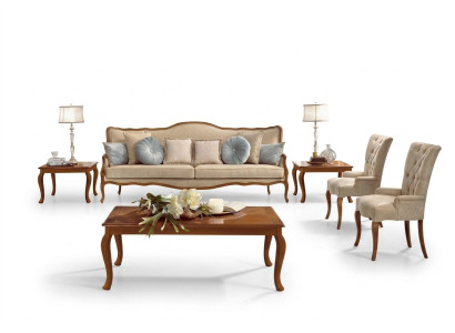 Juego de sofá de 6 piezas. Muebles clásicos: sofá, sillón, mesa auxiliar, mesa de café de madera.