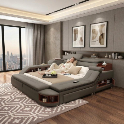 Diseño exclusivo de cama, camas tapizadas, estantes, caja de seguridad, estantes, cama doble.