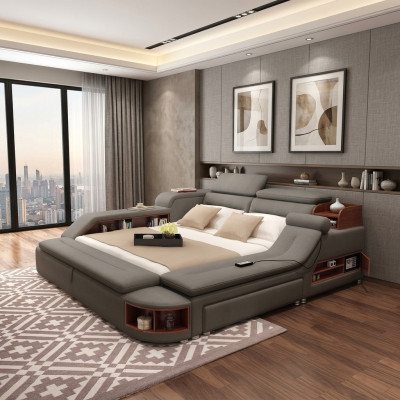 Diseño exclusivo de cama, camas tapizadas, estantes, caja de seguridad, estantes, cama doble.