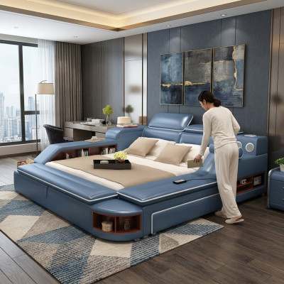 Cama doble de cuero multifunción con cabecero acolchado de 180x200 y estructura de cama de cuero.