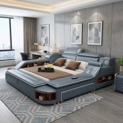 Cama doble de cuero multifunción con cabecero acolchado de 180x200 y estructura de cama de cuero.