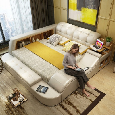 Cama funcional de lujo con caja fuerte, estante para laptop, camas dobles de matrimonio XXL de hotel de cuero.