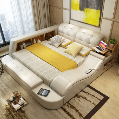 Cama funcional de lujo con caja fuerte, estante para laptop, camas dobles de matrimonio XXL de hotel de cuero.
