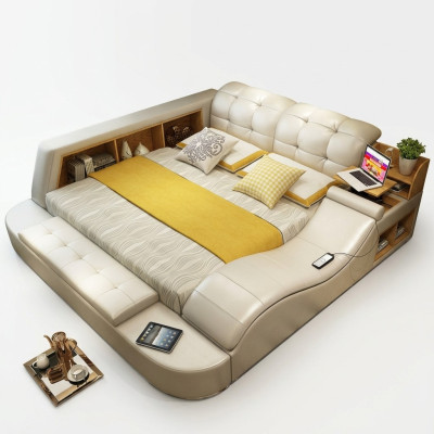 Cama funcional de lujo con caja fuerte, estante para laptop, camas dobles de matrimonio XXL de hotel de cuero.