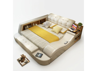 Cama funcional de lujo con caja fuerte, estante para laptop, camas dobles de matrimonio XXL de hotel de cuero.