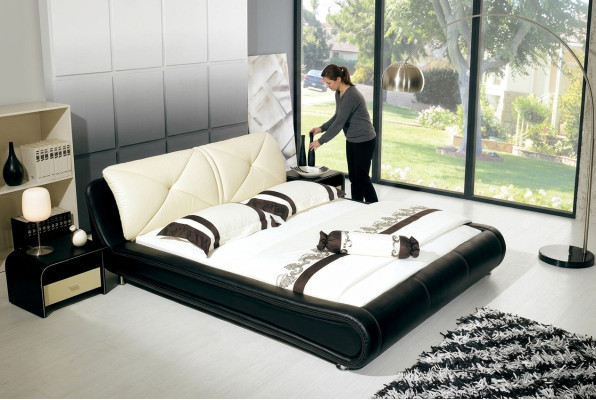 Cama de cuero acolchado, diseño de lujo, cama doble de hotel, habitación para dormir de madera.