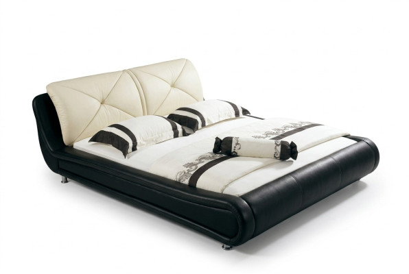 Cama de cuero acolchado, diseño de lujo, cama doble de hotel, habitación para dormir de madera.