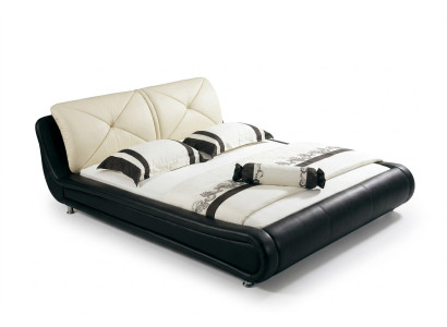 Cama de cuero acolchado, diseño de lujo, cama doble de hotel, habitación para dormir de madera.