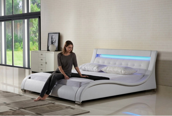 Cama de cuero Cama tapizada Cama Camas Cuero Cuero Acolchado Matrimonial con iluminación
