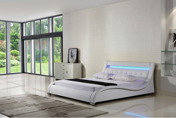 Cama de cuero Cama tapizada Cama Camas Cuero Cuero Acolchado Matrimonial con iluminación