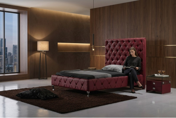 Cama de diseño Chesterfield de cuero de lujo para habitación doble de hotel